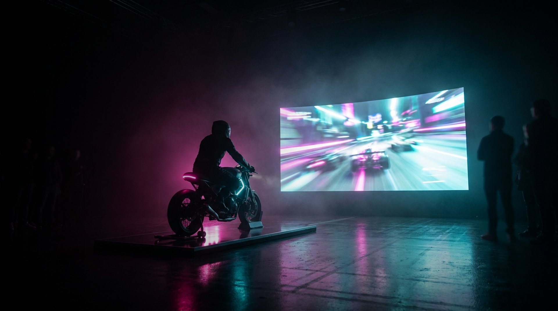 A rider on a physical bike rig in front of a large screen
