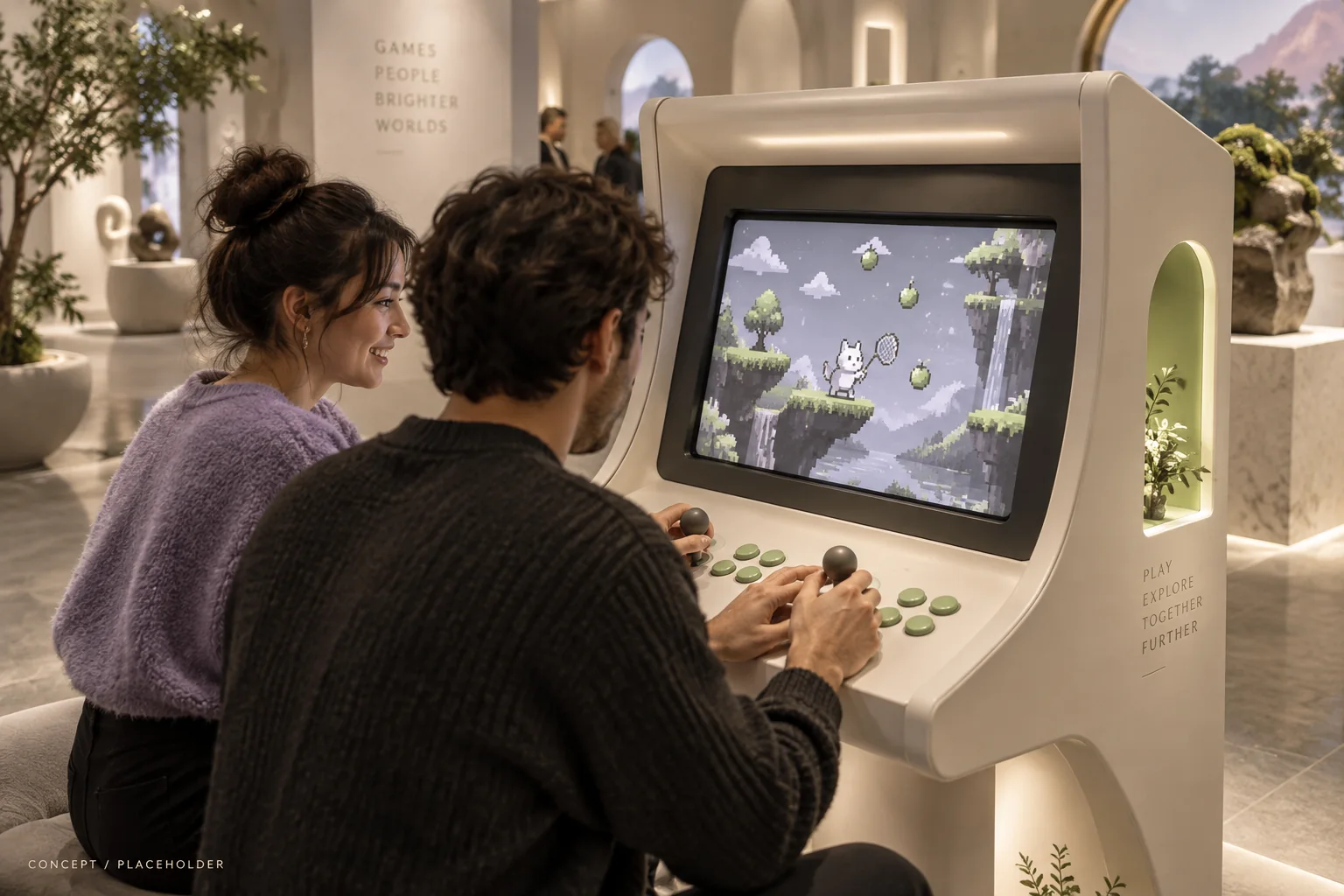 Concept of people playing together at an arcade station