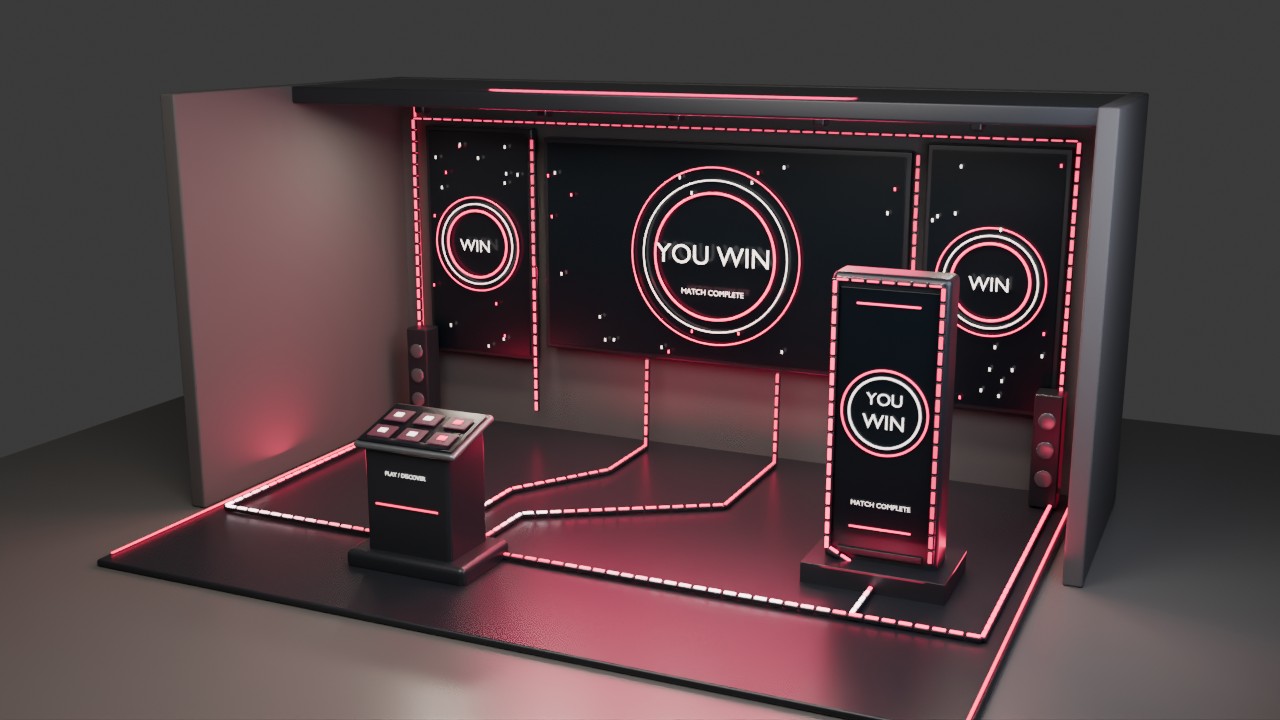 Rendered concept of connected screens and lights in an event space