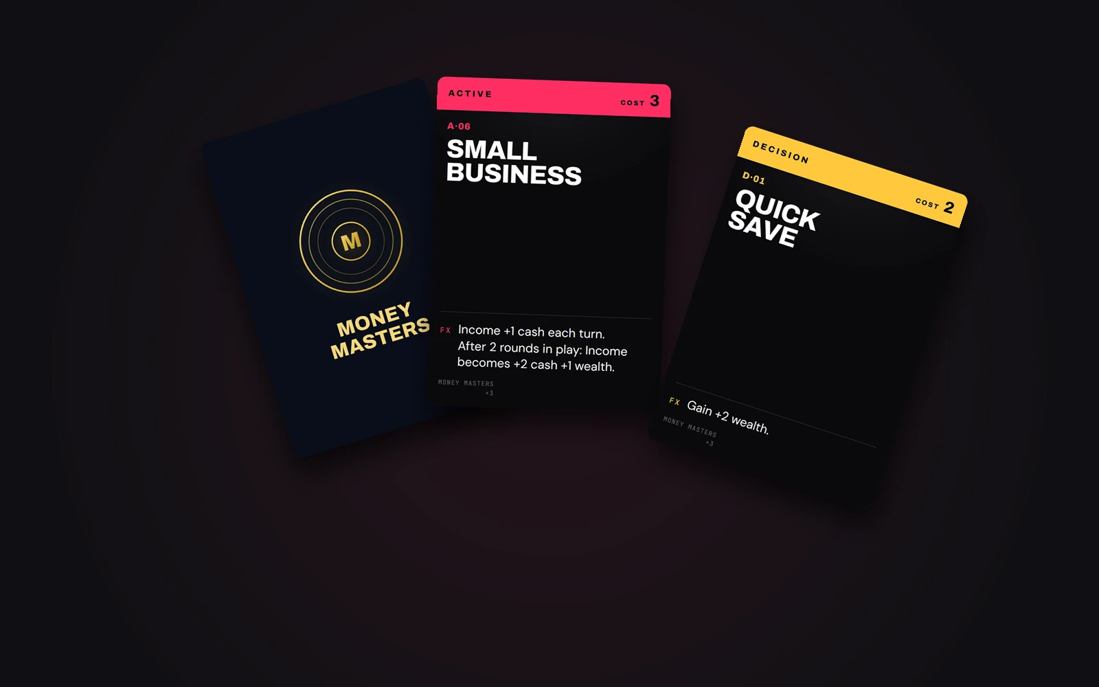 Money Masters original card designs: gold card back, Small Business and Quick Save