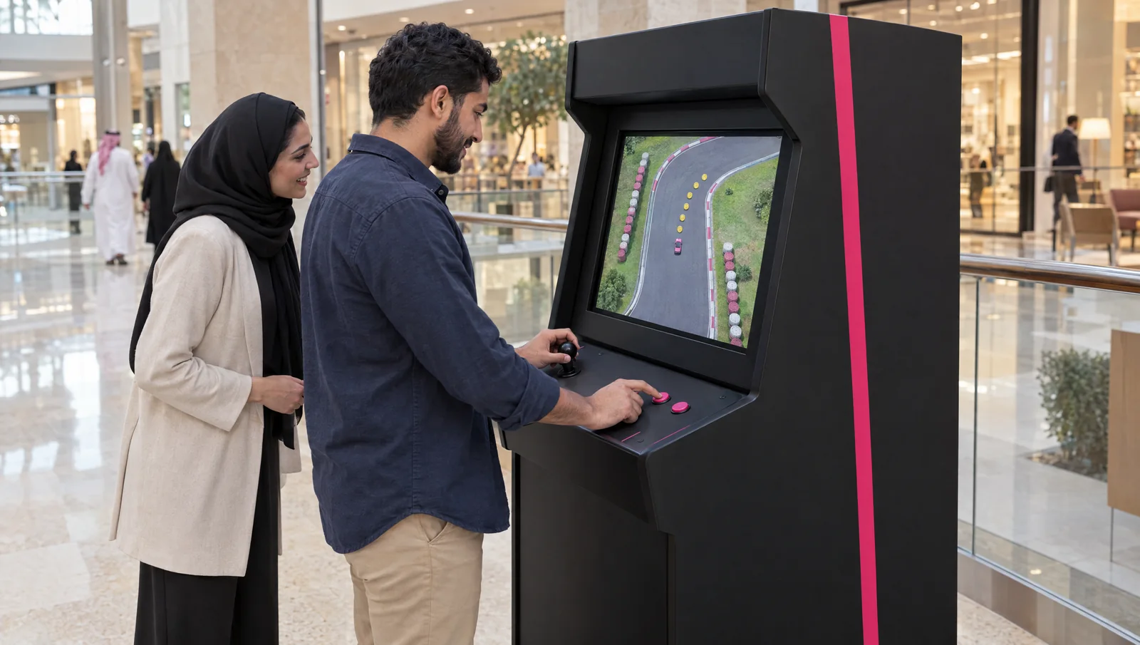 Concept of two visitors playing at a black arcade station with physical joysticks