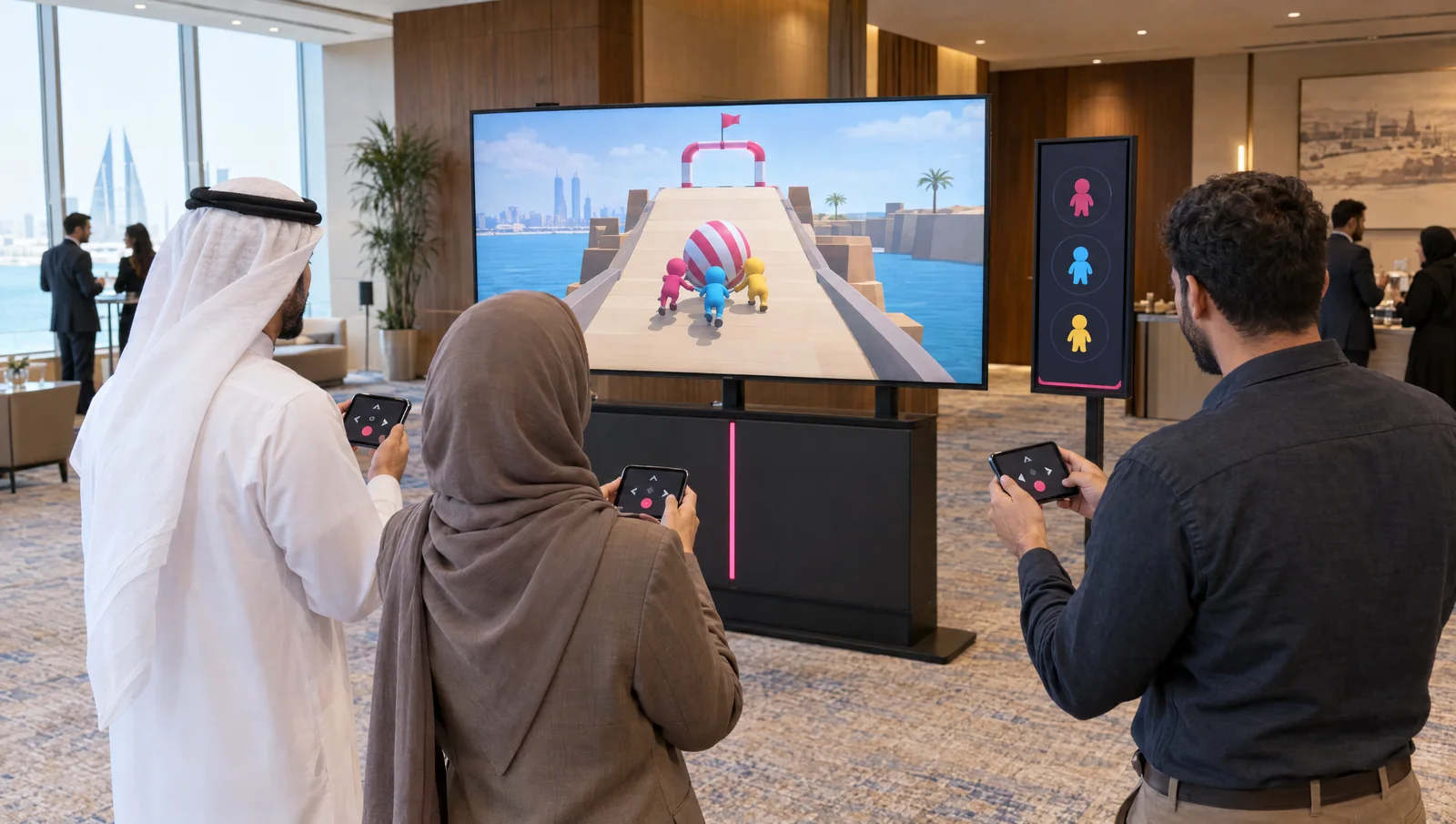 Concept of guests using phones to join a game on shared event screens